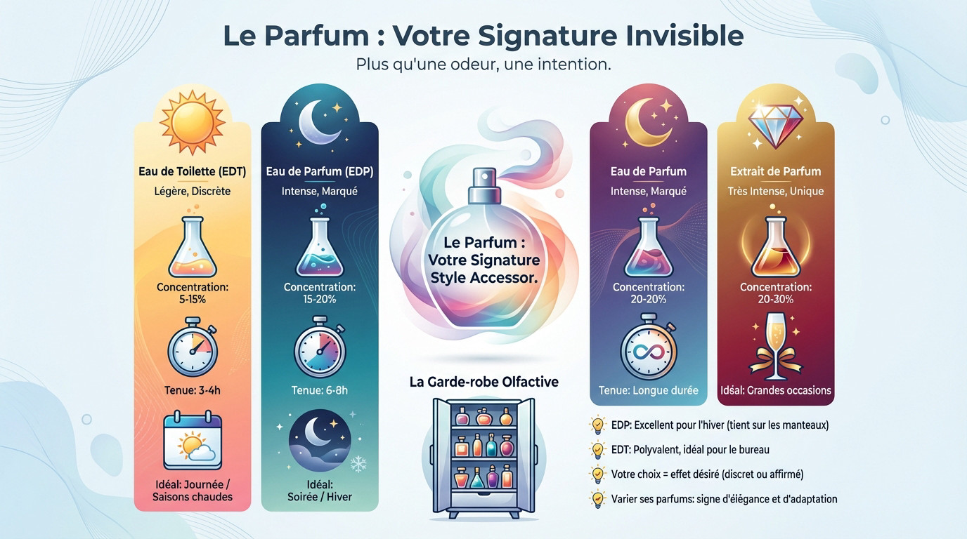 Collection de parfums élégants pour homme et femme, illustrant le choix d'une fragrance selon l'occasion