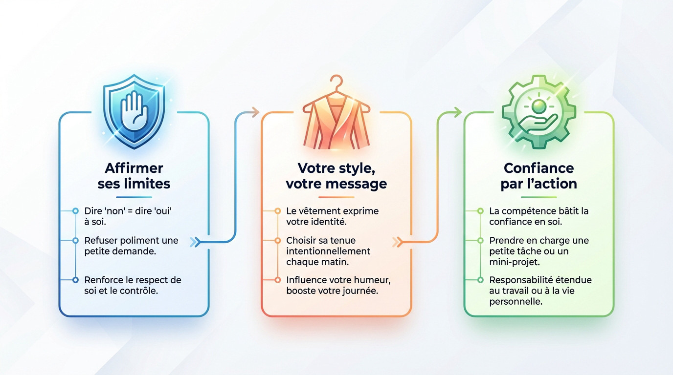 Illustration des 3 piliers pour renforcer la confiance en soi : action, style et affirmation