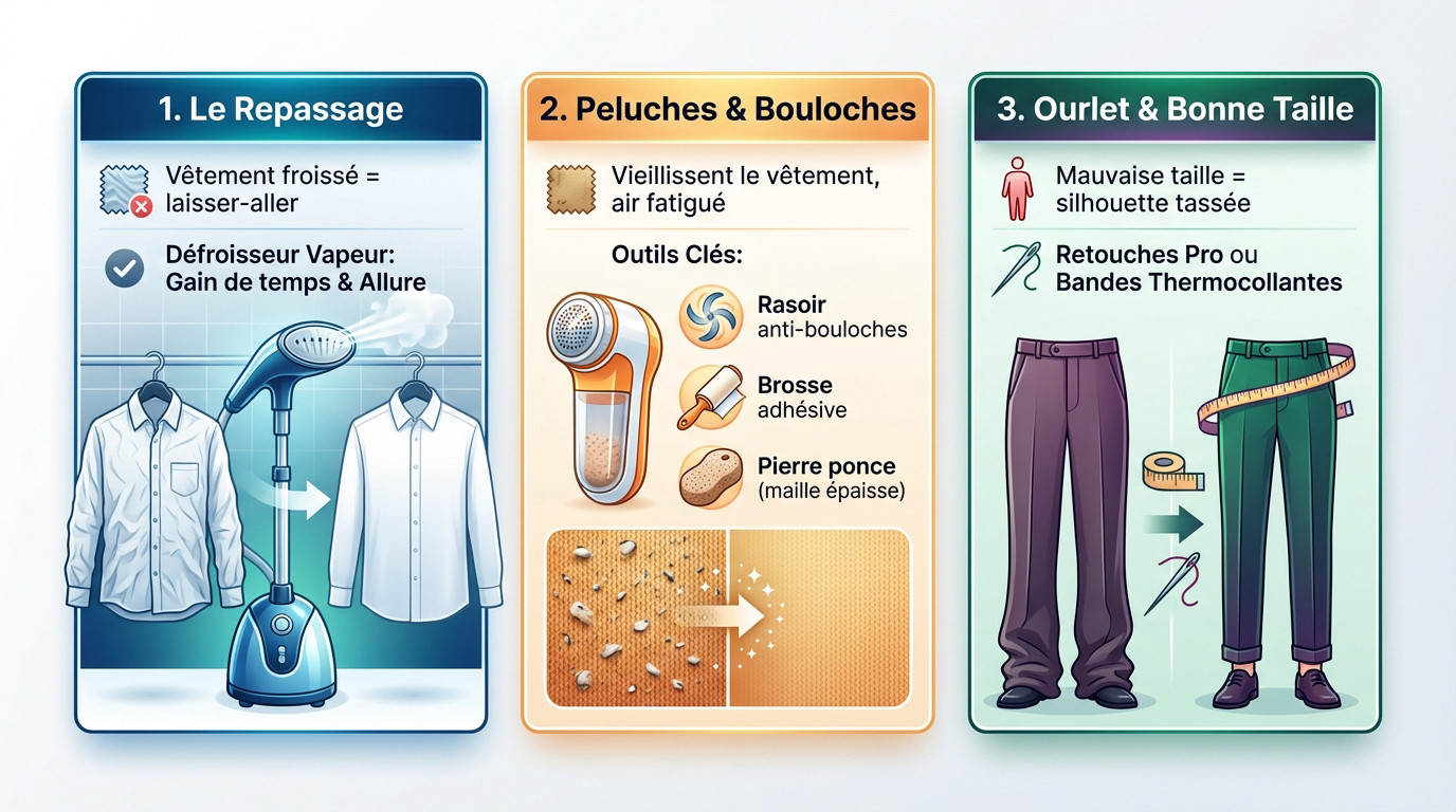 Illustration des trois piliers essentiels pour une tenue soignée : repassage, entretien du textile et ajustement