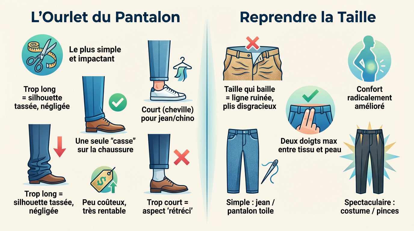 Schéma comparatif avant-après d'un ourlet de pantalon ajusté et d'une taille reprise pour une silhouette nette