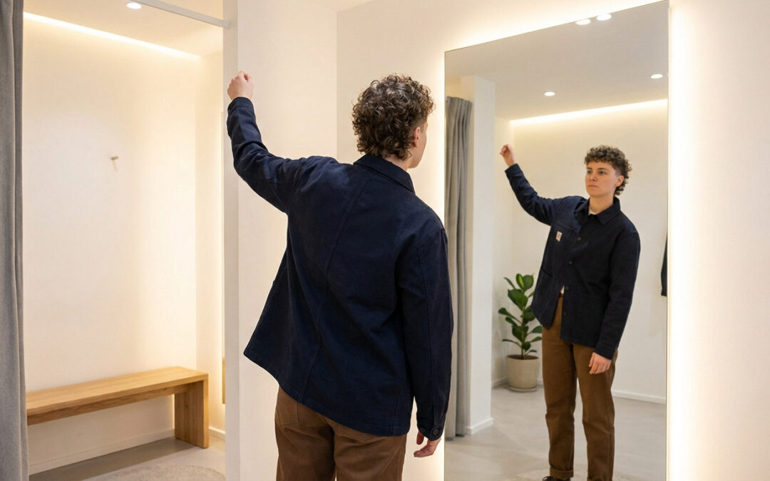 A gender-neutral individual in a modern changing room, checking the fit of a casual-smart dark blue jacket by raising an arm in the mirror.