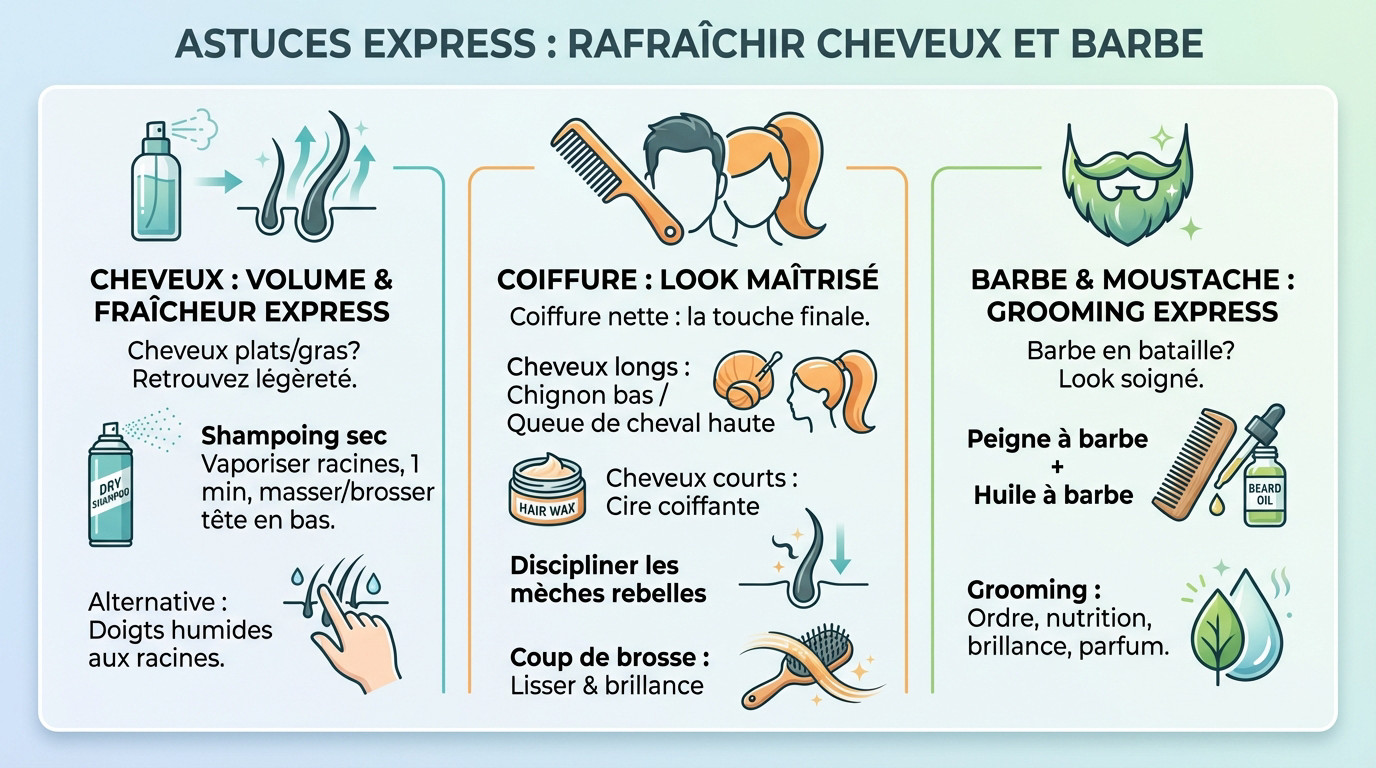 Femme appliquant du shampoing sec et homme entretenant sa barbe pour un look frais après le travail