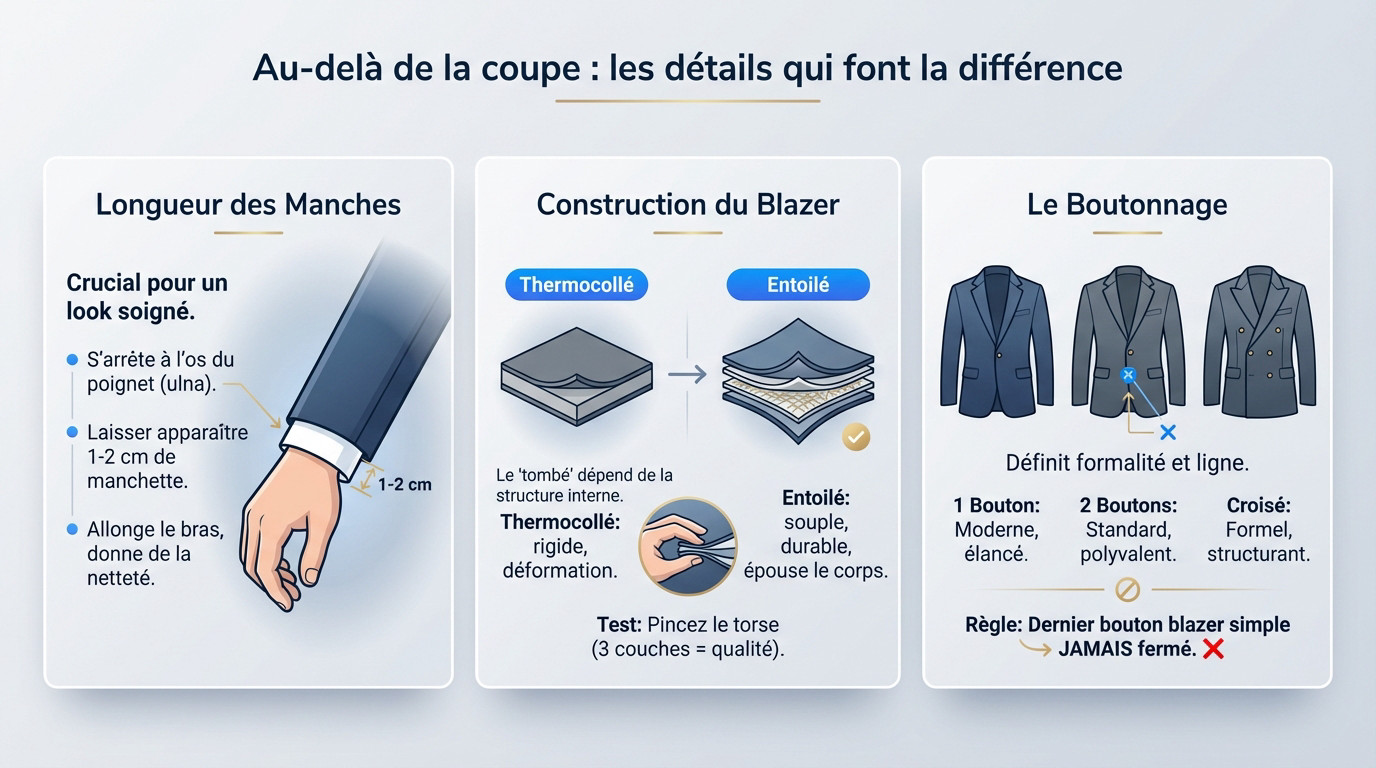 Détails de finition d'un blazer de qualité montrant les boutons et la texture du tissu