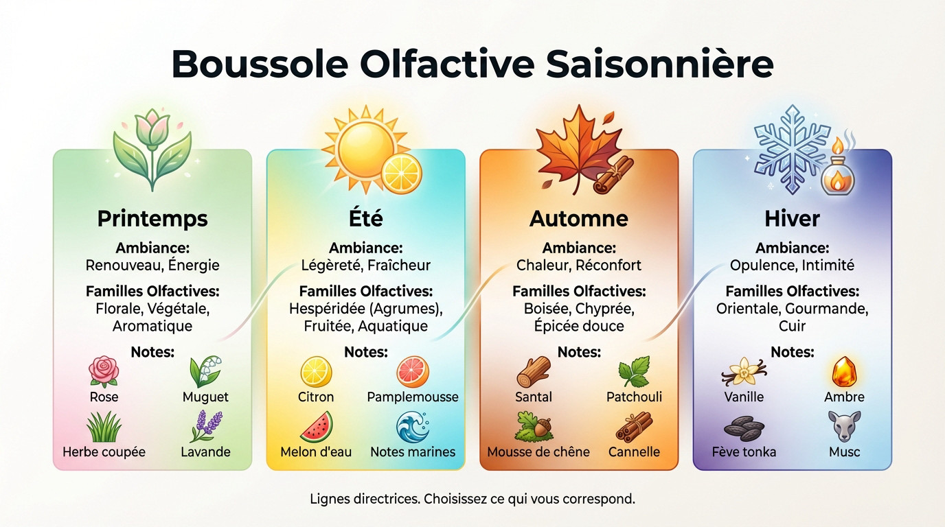 Schéma boussole olfactive pour choisir son parfum selon les saisons et familles olfactives