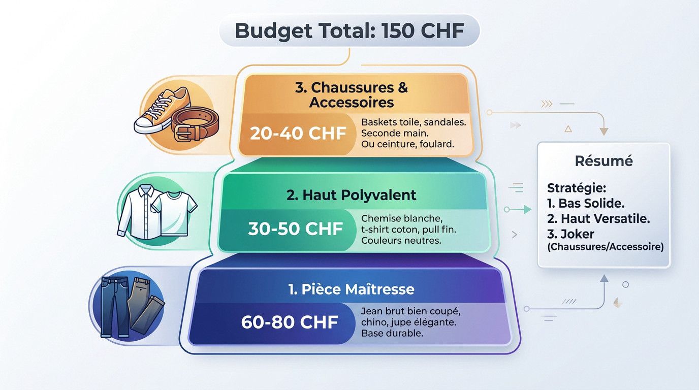Graphique montrant la répartition idéale d'un budget de 150 CHF pour une tenue complète : priorité au pantalon, suivi du haut et des accessoires.