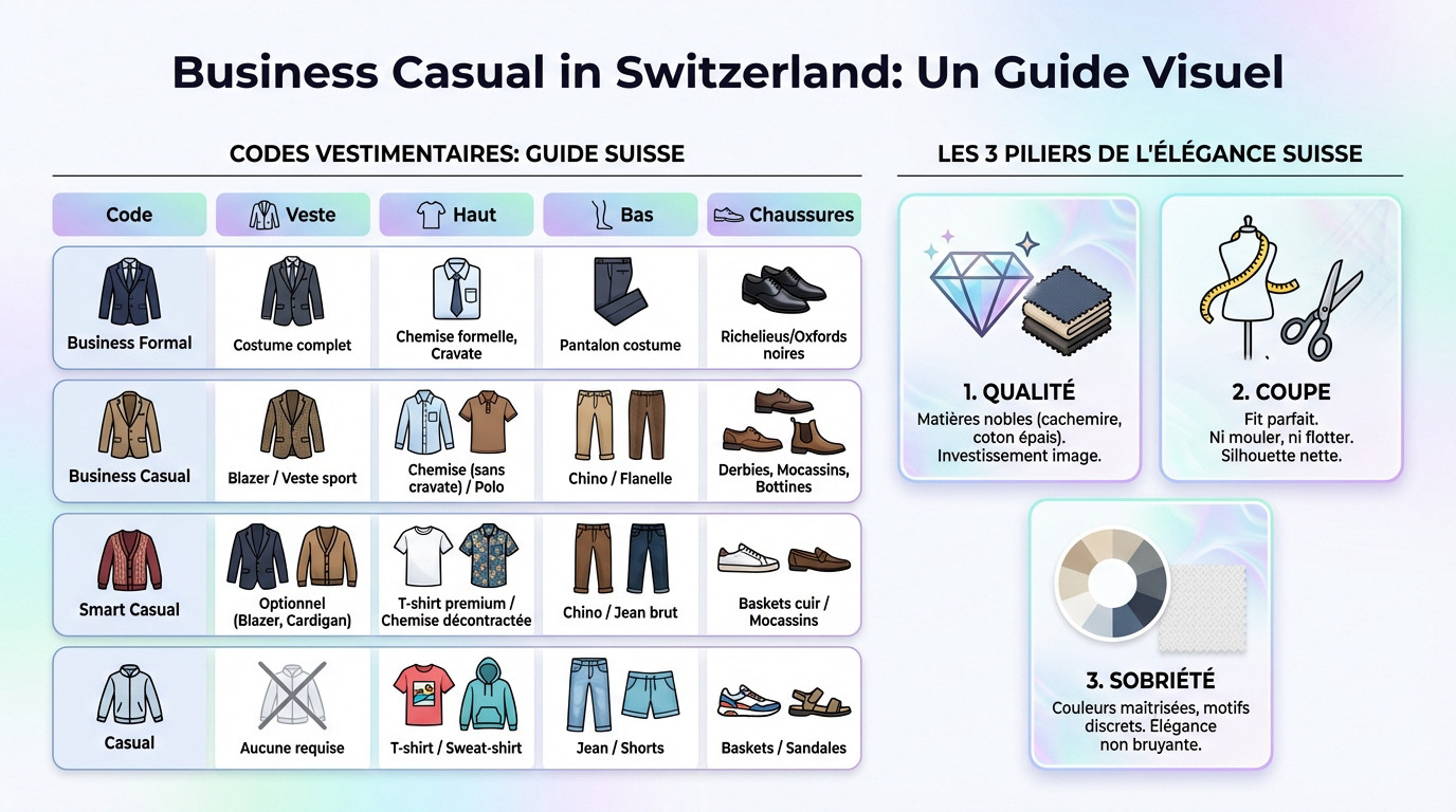 Homme élégant en tenue business casual dans un bureau suisse moderne, portant un blazer et un chino
