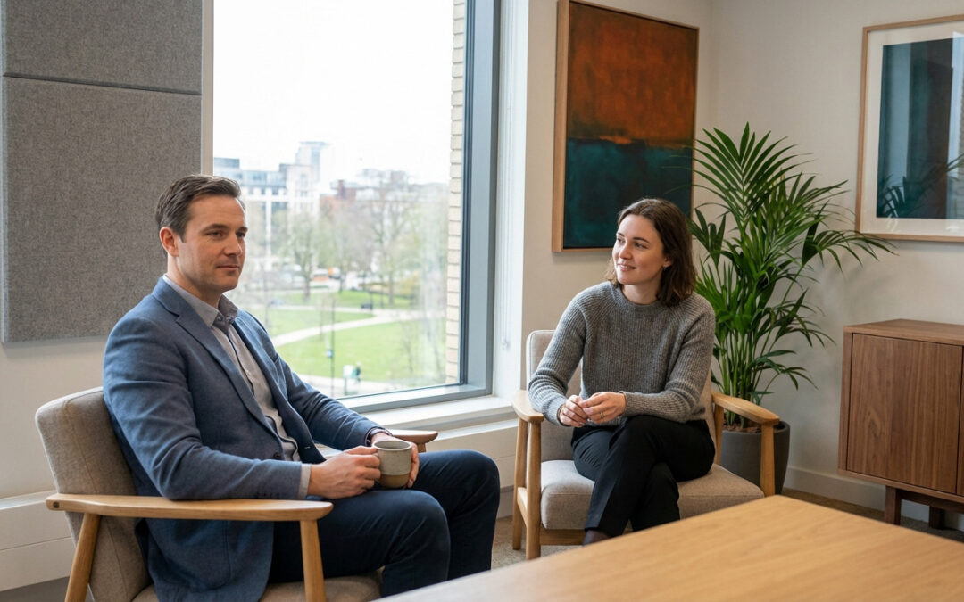 Two professionals in a modern office, one embodying calm charisma, the other listening intently, fostering impactful communication.
