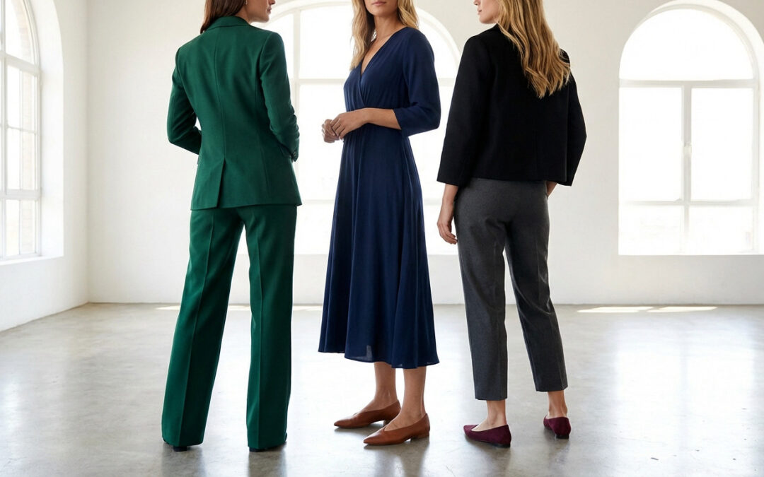 Three women in a bright studio, showcasing chic outfits with flat shoes. A green pantsuit, a navy midi dress, and cropped trousers with a jacket. Modern, confident style.