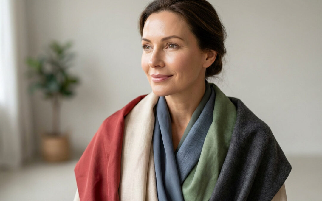 A radiant woman with a gentle smile, draped in soft red, beige, blue, green, and grey fabric swatches, illustrating colorimetry.