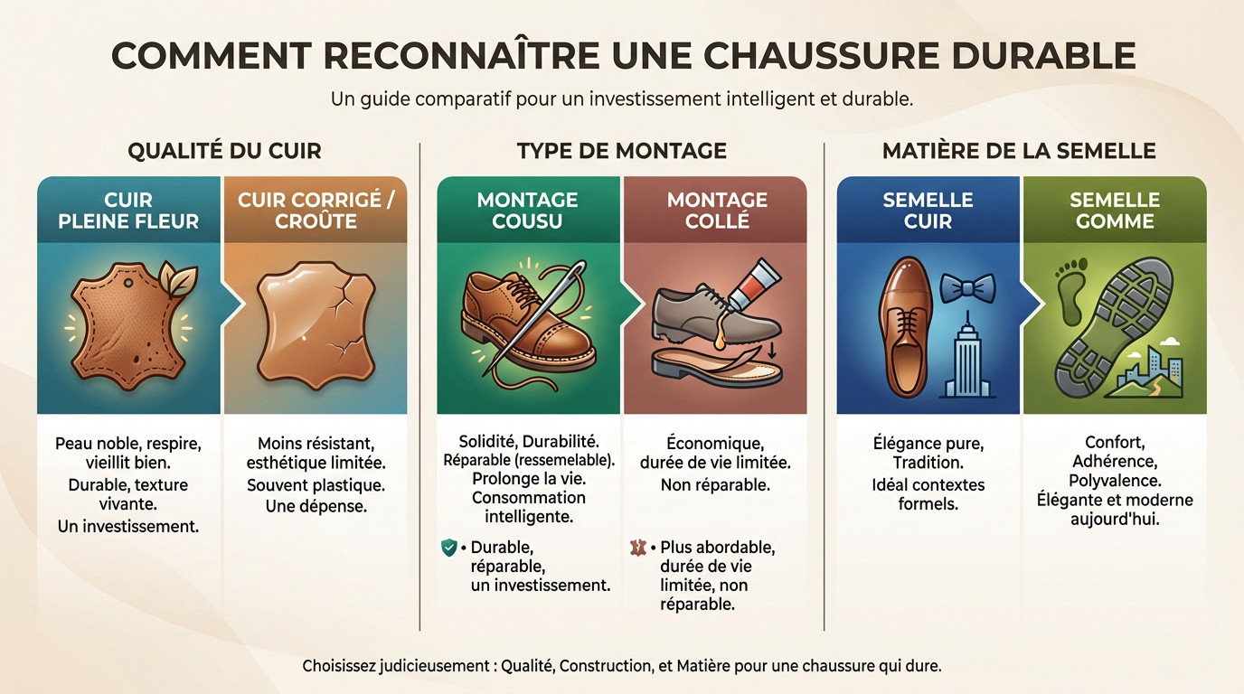 Inspection de la qualité du cuir et des coutures sur une chaussure homme élégante