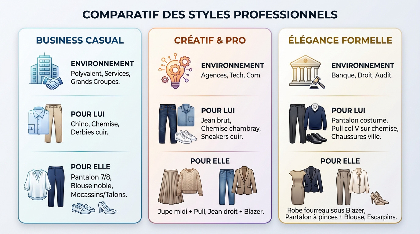 Comparatif visuel des styles vestimentaires professionnels pour homme et femme
