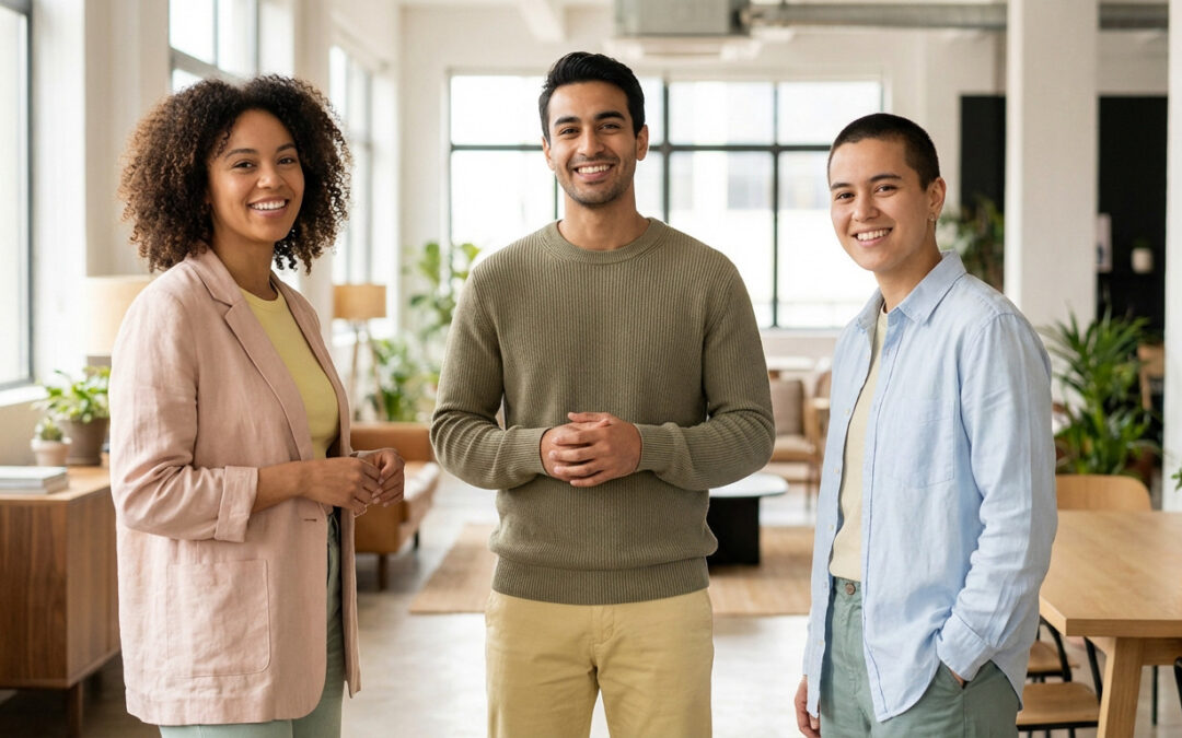 Three diverse, smiling professionals in stylish, soft-colored attire, standing confidently in a bright, modern office, exuding approachability.