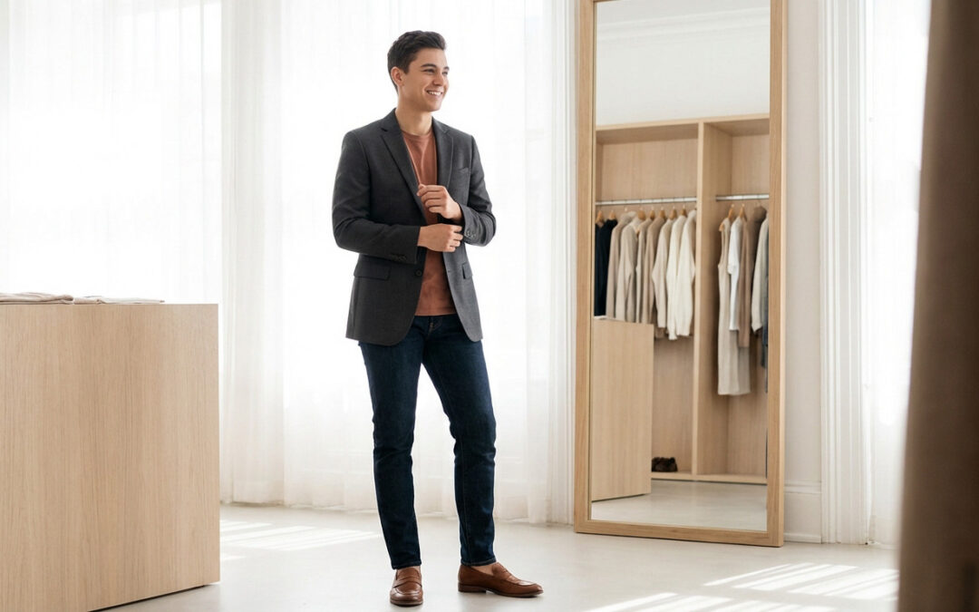 Young man in smart casual outfit (charcoal blazer, terracotta tee, dark jeans, loafers) adjusting cuff in a bright, minimalist room.