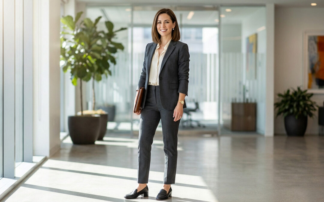 A professional woman, mid-30s, in a grey business suit, cream blouse, and loafers, stands confidently in a bright office lobby.