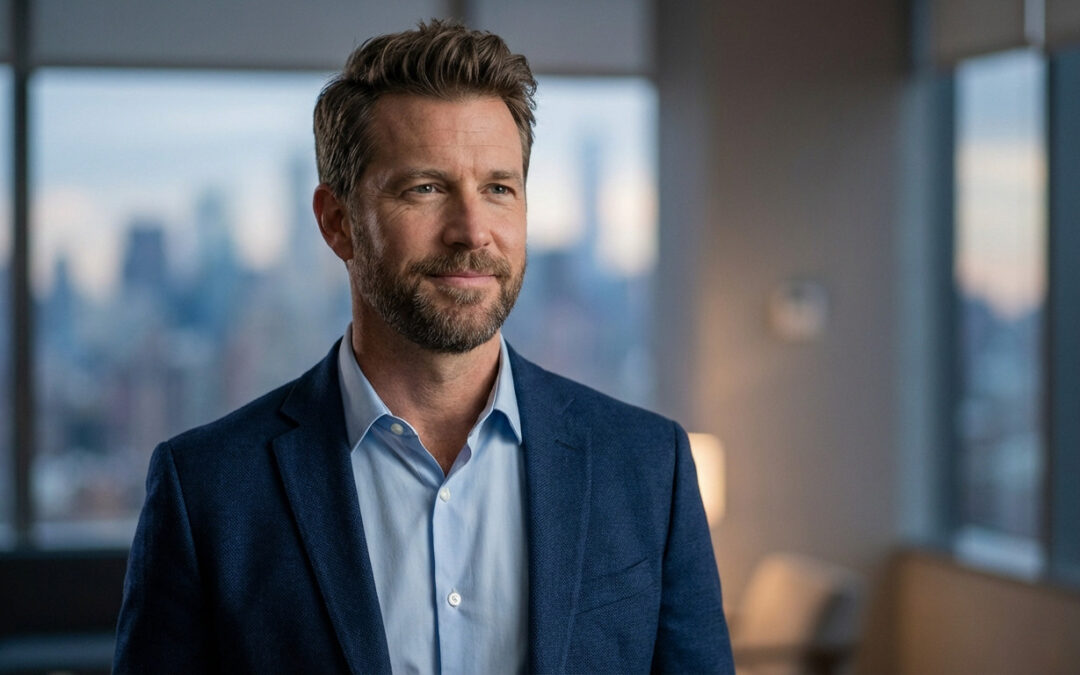Medium close-up of a confident man in a blue blazer and light blue shirt, with a neatly trimmed beard, in a modern urban office setting.