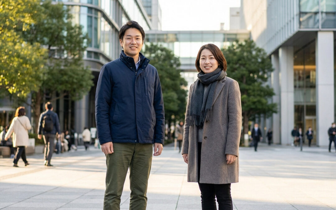 Smiling man in blue jacket and woman in gray coat stand confidently in a bright urban plaza with blurred city buildings.