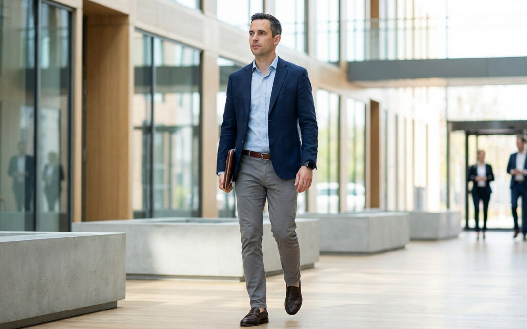 Confident man in smart business casual (navy blazer, grey chinos) walks through a bright, modern office lobby, holding a laptop.