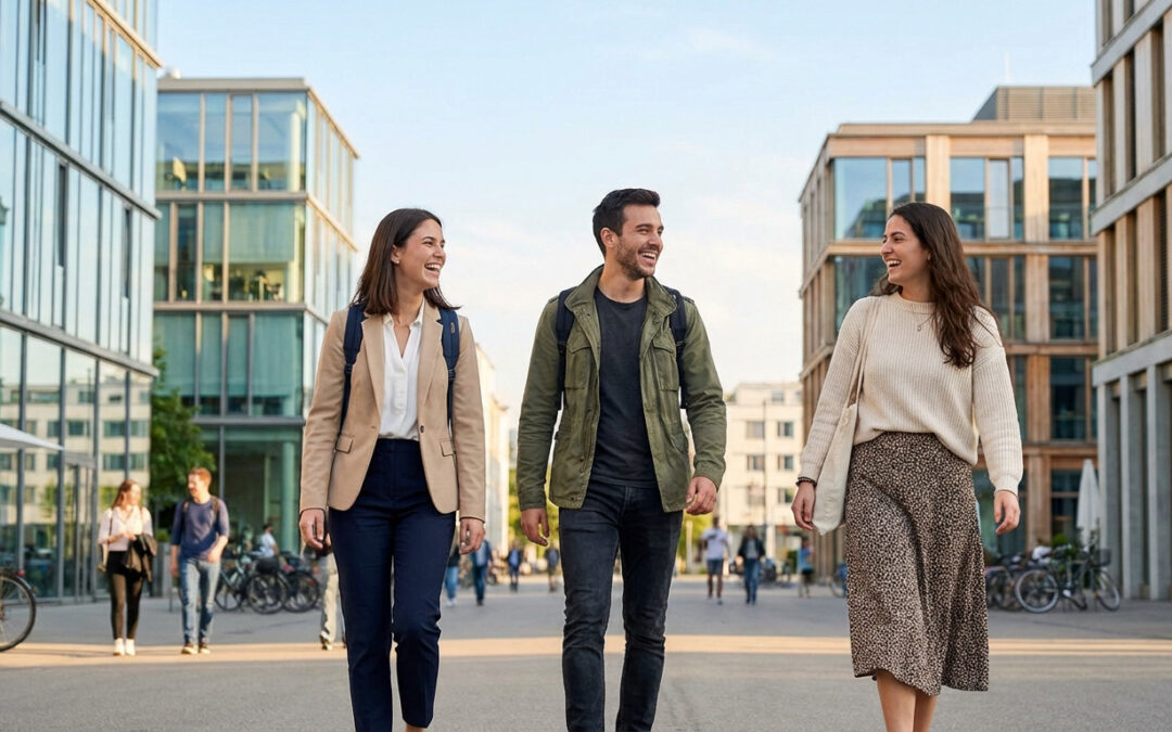 Three diverse young adults walk smiling on a modern campus, showcasing versatile, stylish outfits for various occasions.