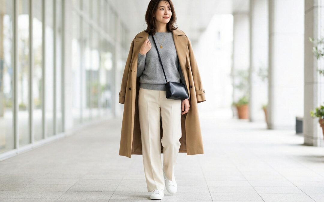 A woman in a camel trench coat, grey sweater, cream trousers, white sneakers, and black crossbody bag walks confidently in a modern setting.