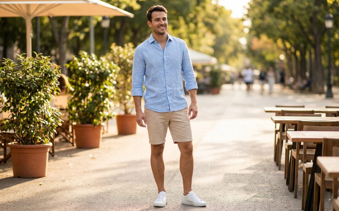 Man in stylish light blue linen shirt, beige shorts, and white sneakers smiles confidently on a sunny outdoor cafe terrace.