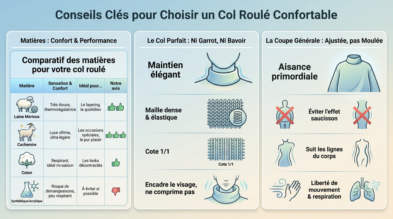 Homme portant un col roulé confortable et ajusté, illustrant le choix idéal de matière et de coupe.
