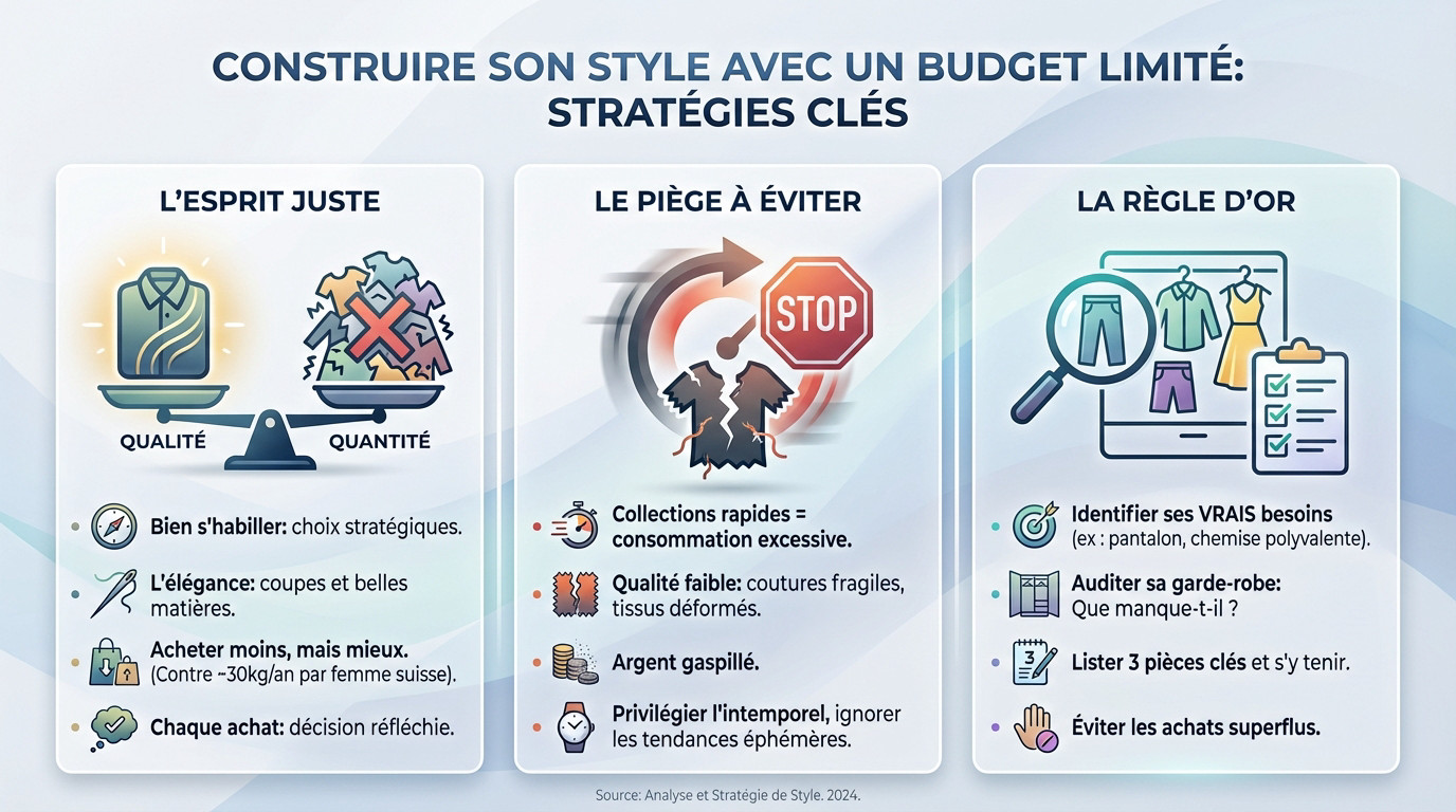 Femme élégante organisant sa garde-robe capsule avec des pièces de qualité et un budget maîtrisé