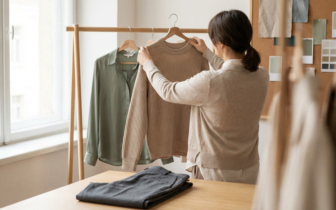 Anonymous individual curating clothing in a brightly lit studio: beige sweater, sage blouse, grey trousers on wood.
