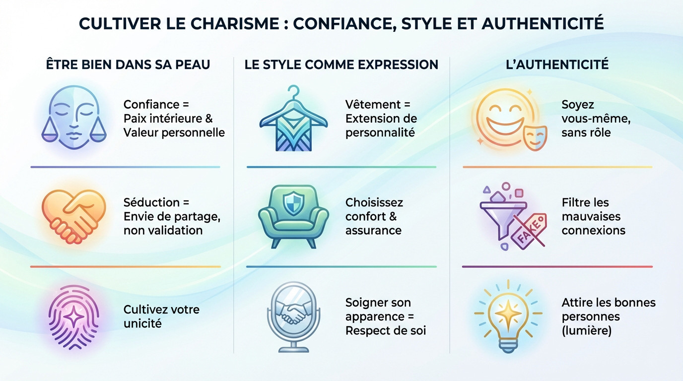 Femme souriante et confiante marchant dans la rue avec style, illustrant le charisme naturel