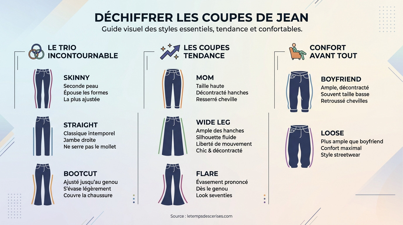Guide visuel des différentes coupes de jeans femme : skinny, straight, bootcut, mom, wide leg, flare, boyfriend et loose