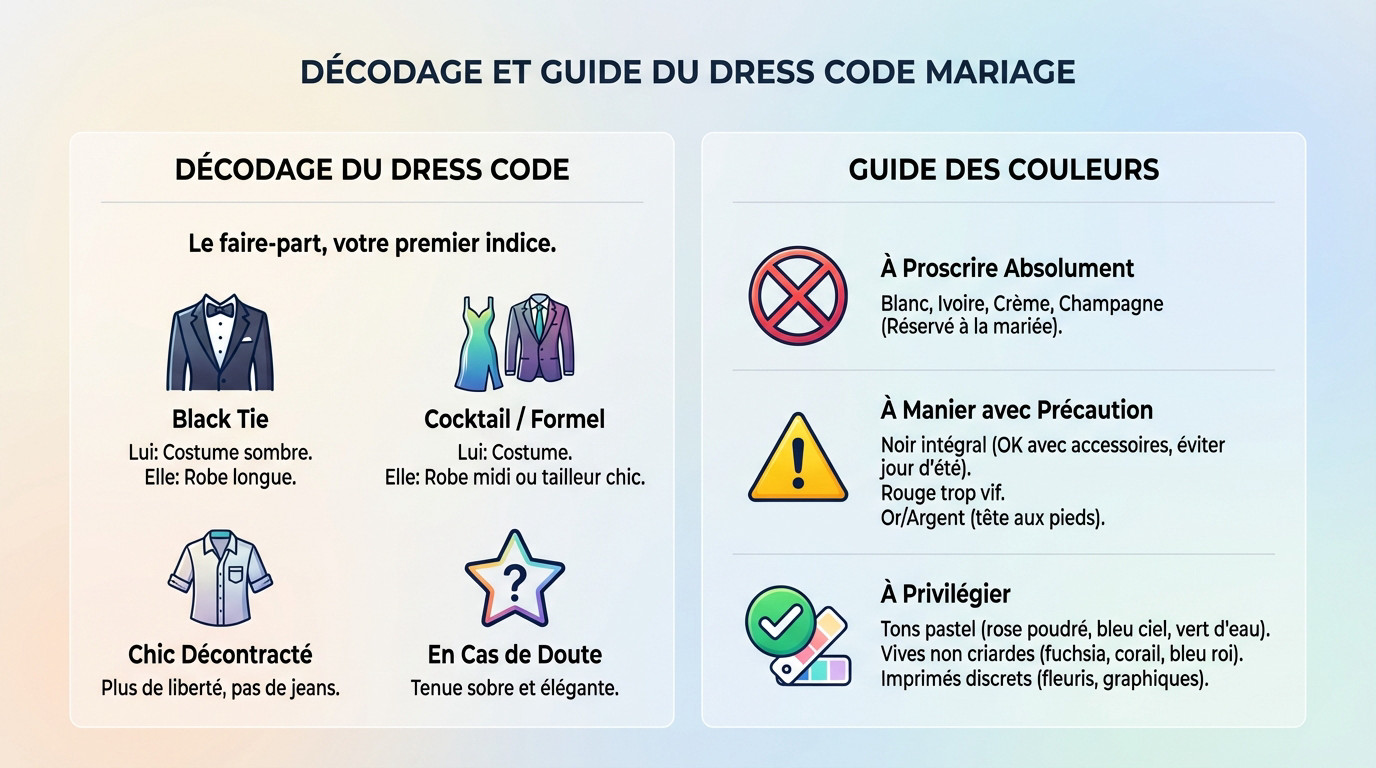 Guide visuel pour décoder le dress code d'un mariage et éviter les erreurs de style