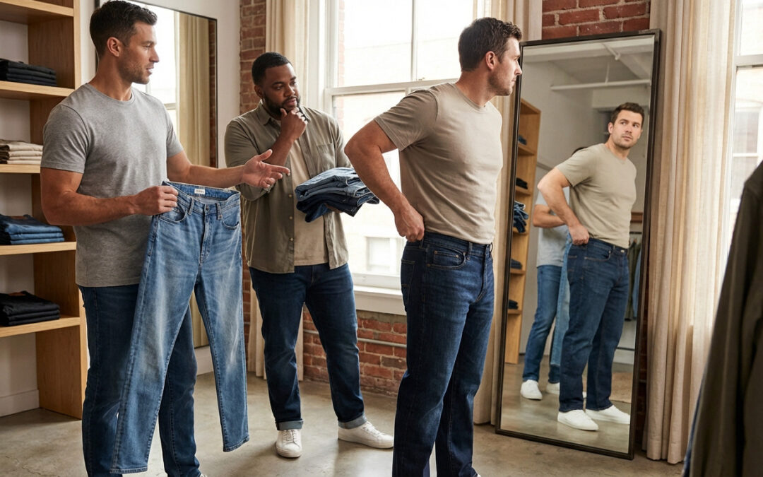 Three men in a well-lit clothing store. One tries on jeans, another holds a different pair, comparing styles and fits for diverse body types.