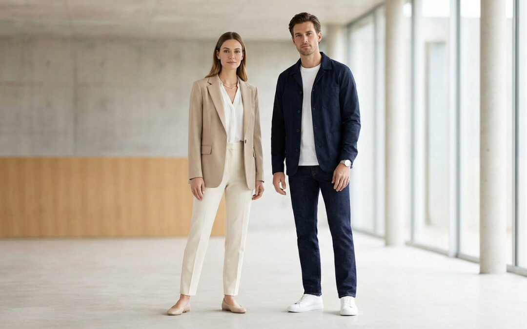 Full shot of a man and woman in clean, minimalist 5-5-5 outfits in a bright, modern interior. Focus on their cohesive, neutral fashion.