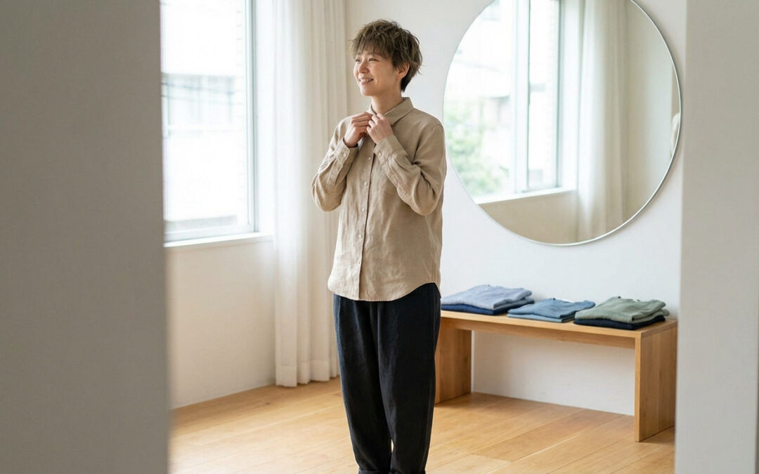 Gender-neutral figure in a light shirt and dark trousers adjusts collar, smiling calmly in a bright, minimalist dressing area.