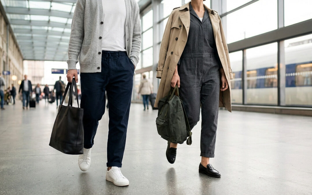 Two stylish travelers in a modern train station. One wears a grey cardigan, navy trousers, white sneakers, black tote. The other, a grey jumpsuit, beige trench, black loafers, green backpack.