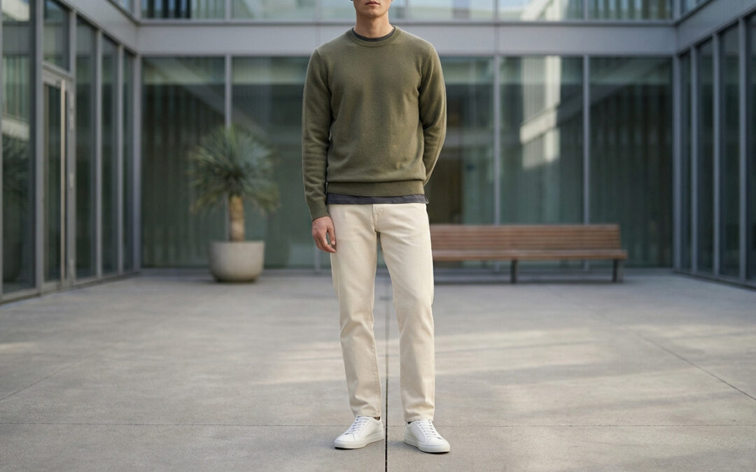 Generic figure in a minimalist olive green sweater, cream trousers, and white sneakers, centered in a modern urban courtyard.