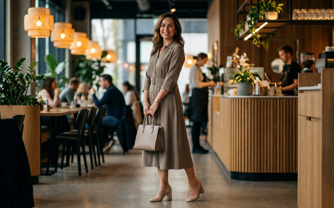 Femme souriante en robe midi élégante et talons blocs, tenant un sac, posant avec confiance dans un café moderne et chaleureux.