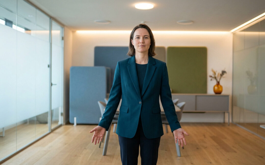 A professional woman in a teal blazer stands confidently in a modern office. Open hands, calm expression, bright, clean background.