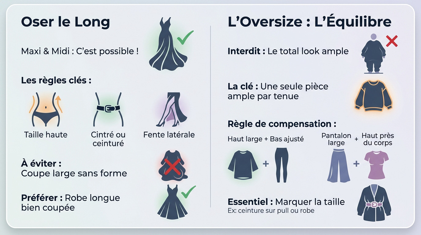 Femme petite portant une tenue équilibrée avec un jeu de volumes pour allonger la silhouette