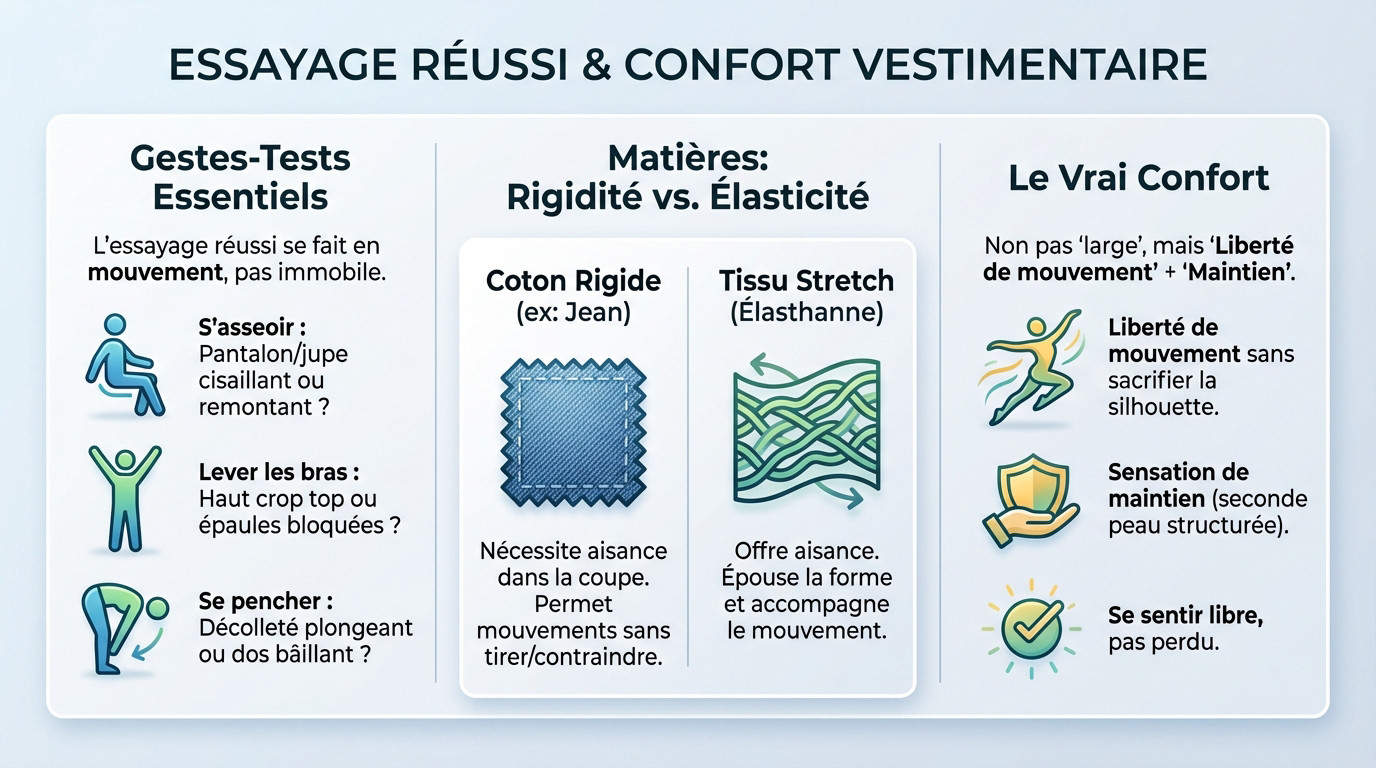 Femme vérifiant l'aisance et le confort d'un vêtement en cabine d'essayage