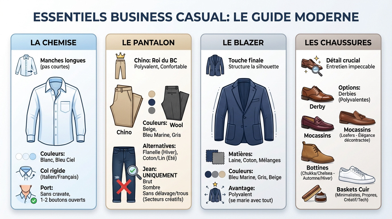 Sélection de vêtements essentiels pour un look business casual homme suisse réussi : blazer, chemise et chaussures en cuir.