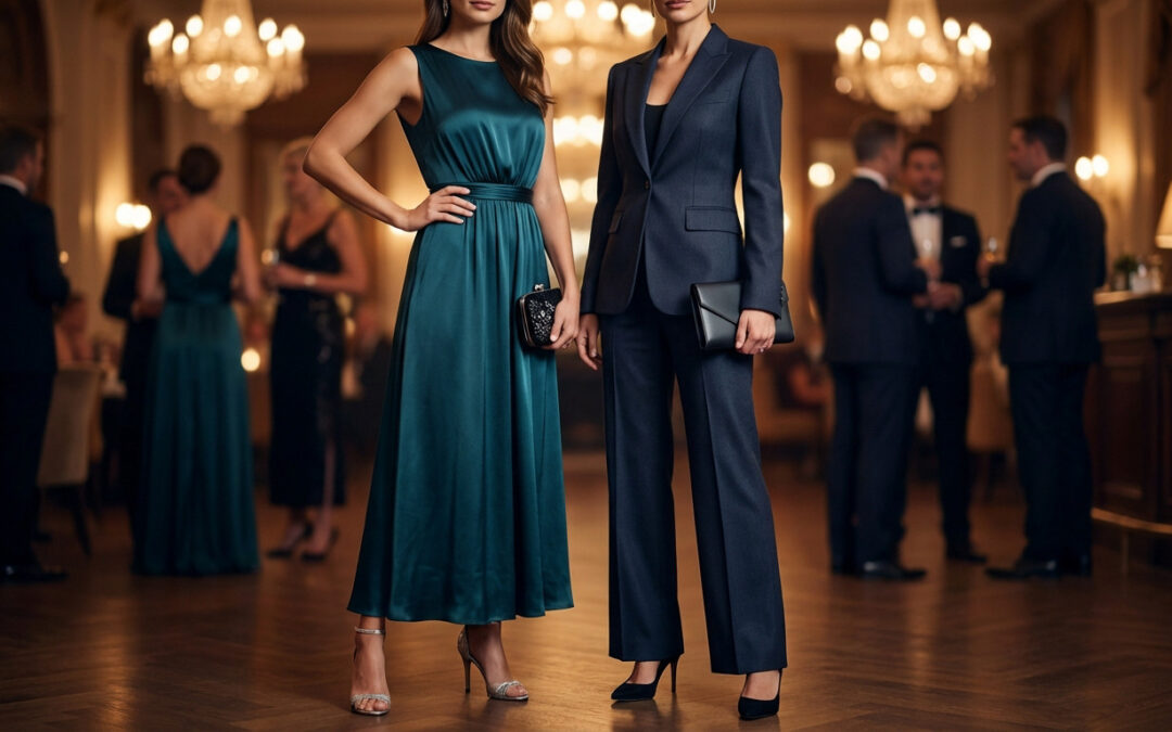 Two women at a sophisticated evening event. One wears a flowing teal gown, the other a dark tailored pantsuit, both with clutches and heels.
