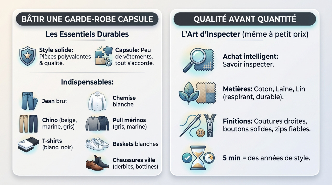 Sélection de vêtements basiques et intemporels pour une garde-robe capsule étudiante durable