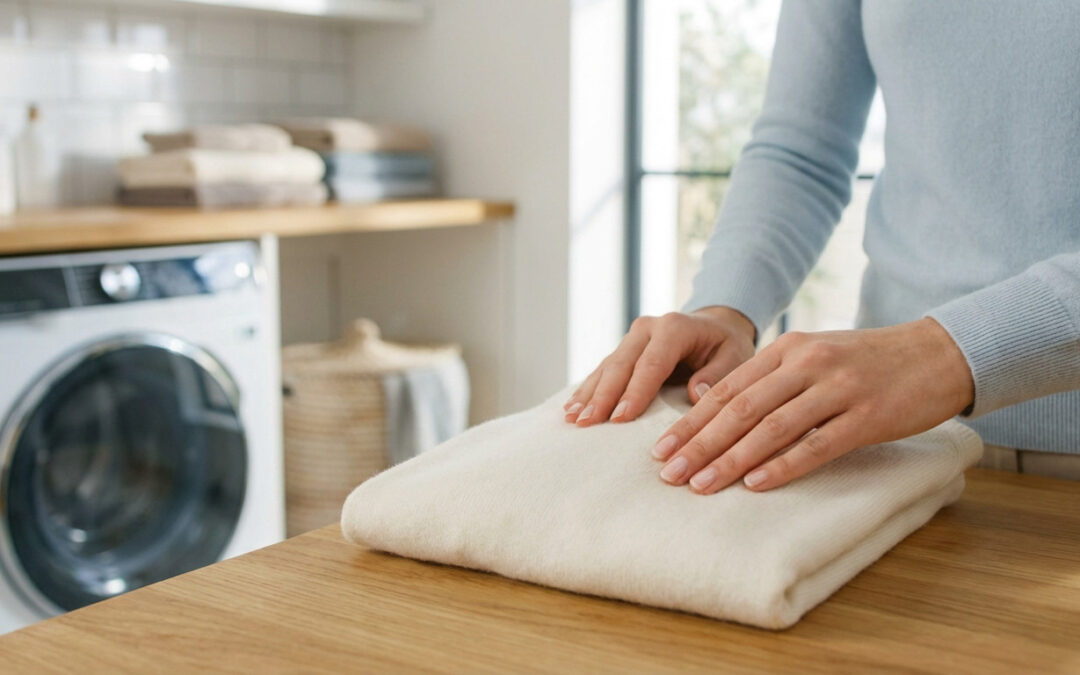 Close-up of hands gently folding a soft, off-white sweater on a wooden counter in a bright, modern laundry room with a washing machine.
