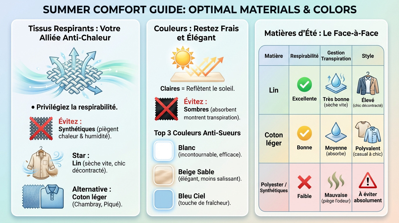 Guide visuel des matières et couleurs pour une tenue homme été confortable