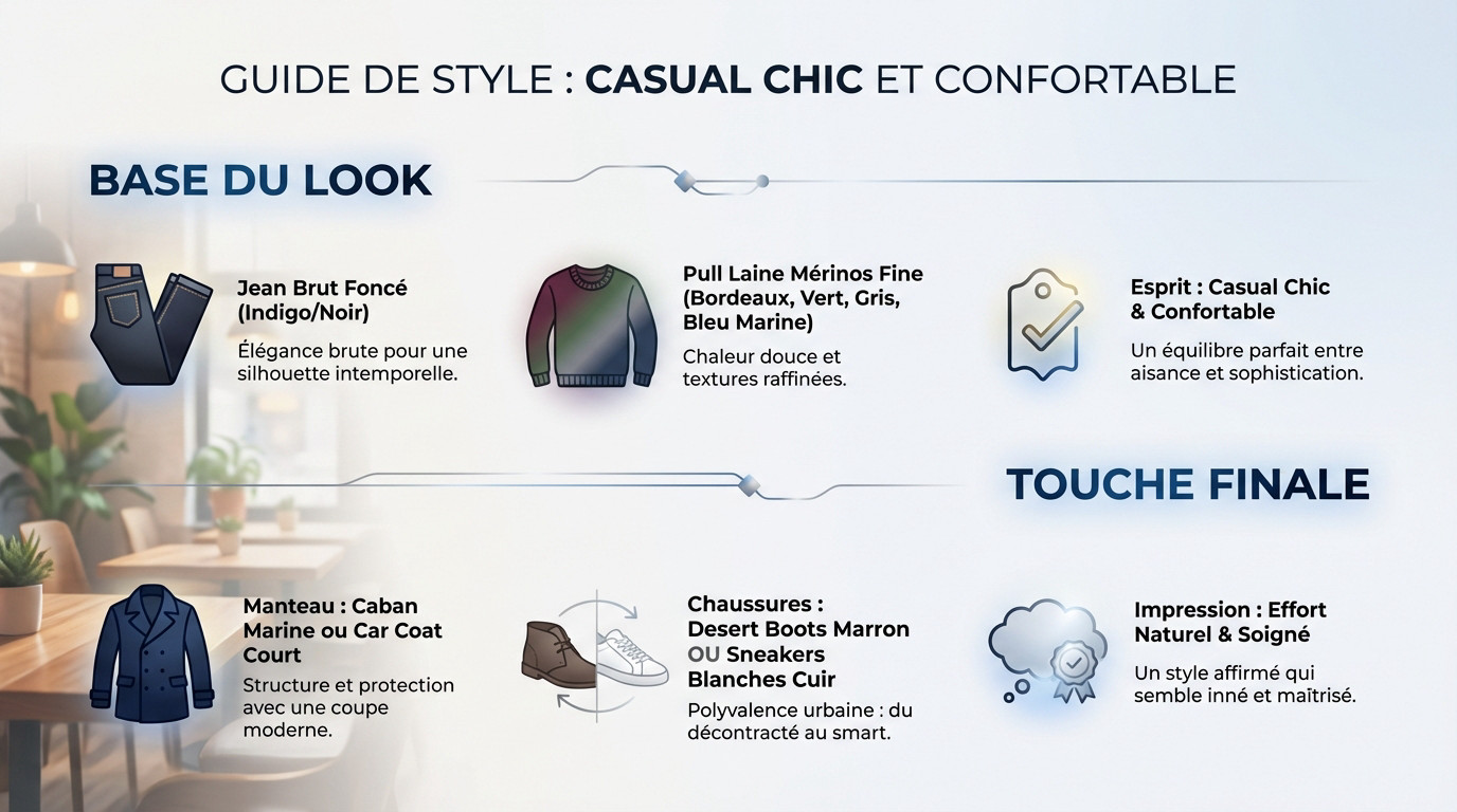 Tenue homme hiver casual chic avec manteau court et jean brut