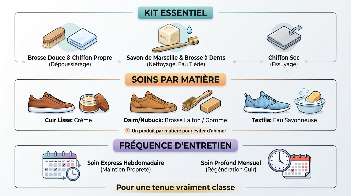 Kit essentiel pour l'entretien des sneakers et chaussures en cuir avec brosses et produits de soin