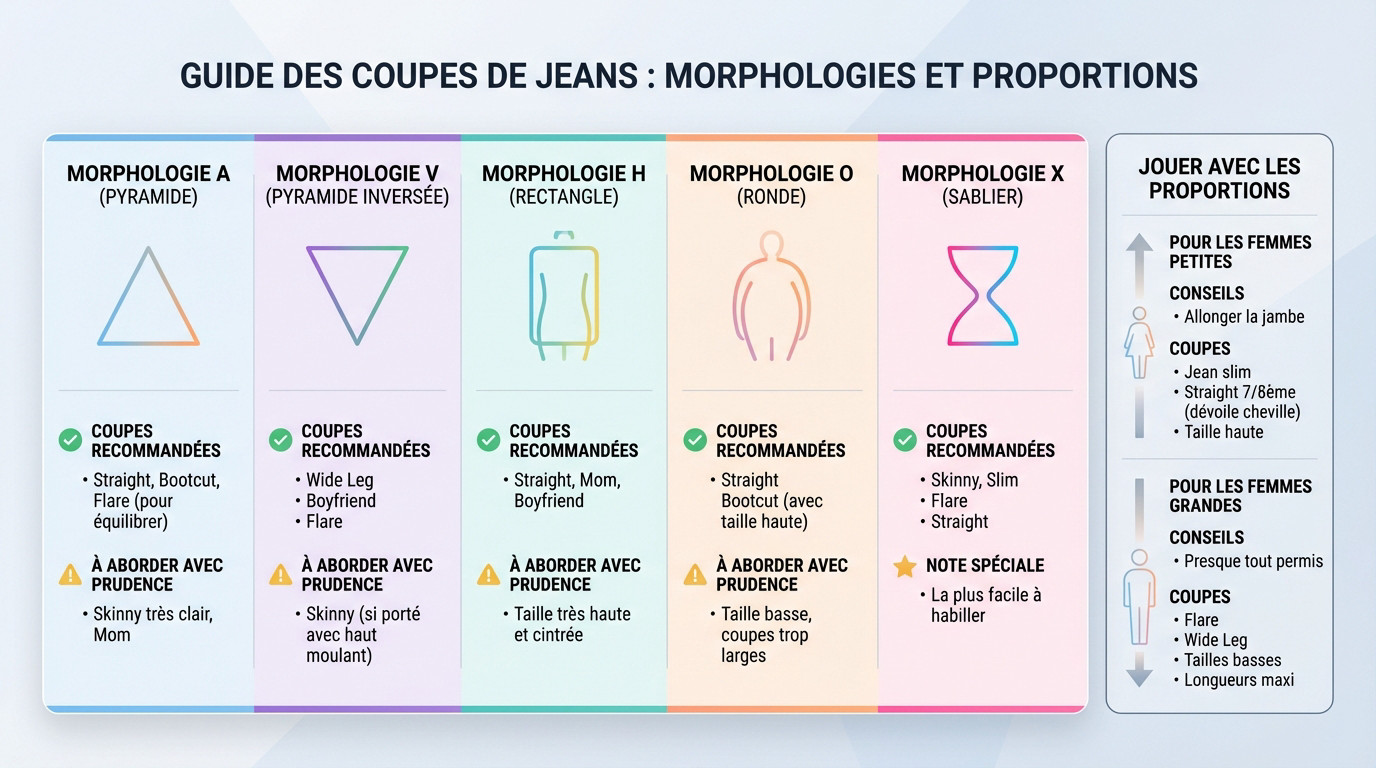 Guide visuel des coupes de jeans adaptées aux différentes morphologies féminines