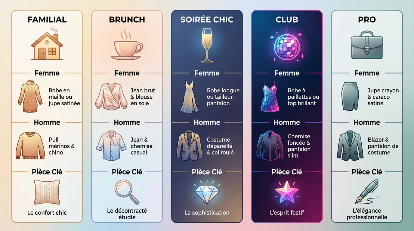 Guide des tenues festives pour homme et femme, ambiance chaleureuse et élégante