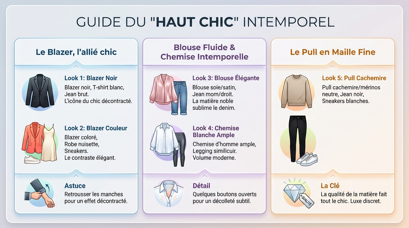 Femme portant un blazer noir et un t-shirt blanc pour un style casual chic intemporel