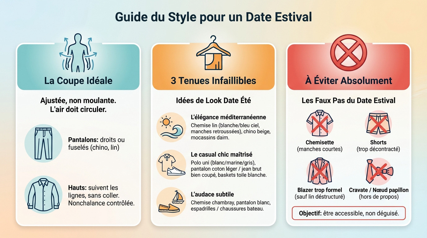 Guide visuel d'une tenue estivale élégante pour homme avec chemise en lin et chino beige